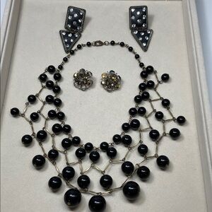 Vintage French Black Beaded Necklace and 2 Pairs Clip On  Earrings Goth Retro